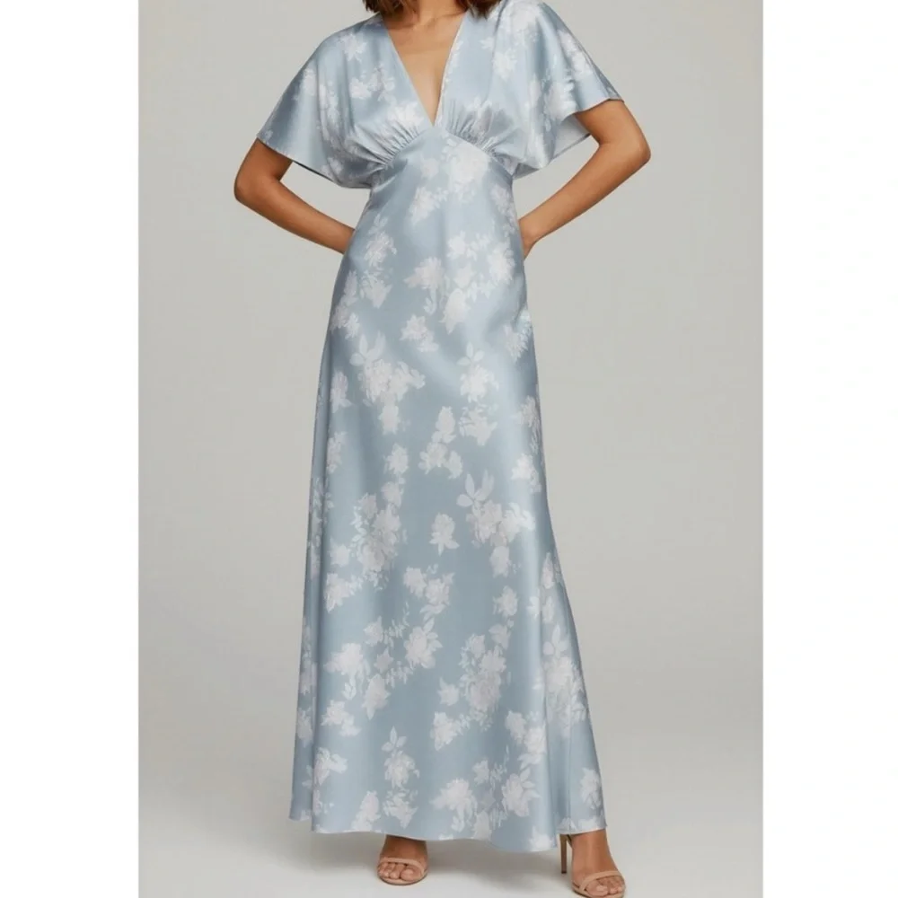 BHLDN Leila Blue Floral Maxi Dress 4 Deep V Flutter Sleeve Bridal Guest Shower - Picture 1 of 16